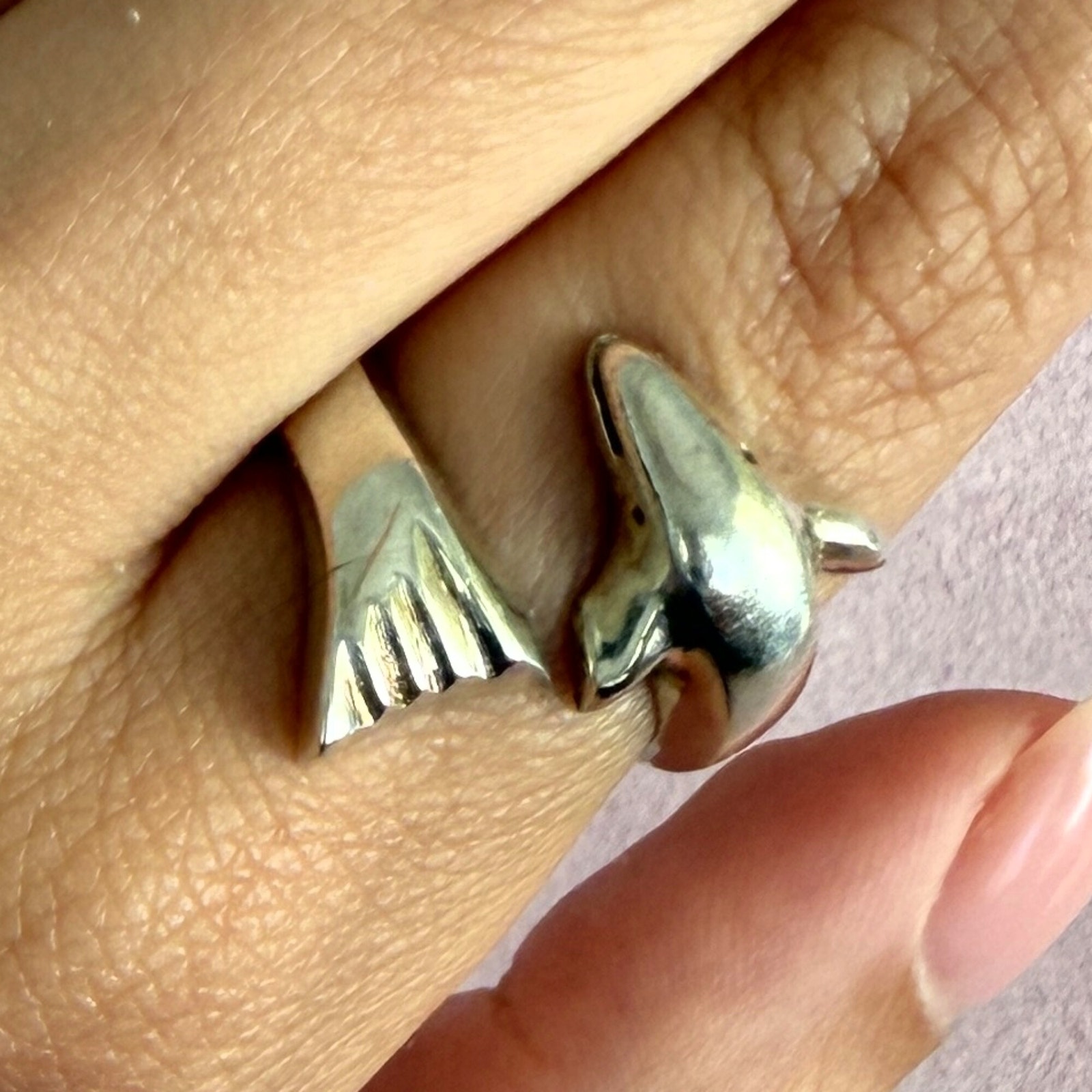 Mexico Sterling Silver Vintage Chunky Dolphin Bypass Ring Size 7.5
